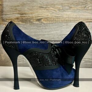 Rene Caovilla Navy Suede & Black Crystal, Ribbon, Jeweled Sole Heels